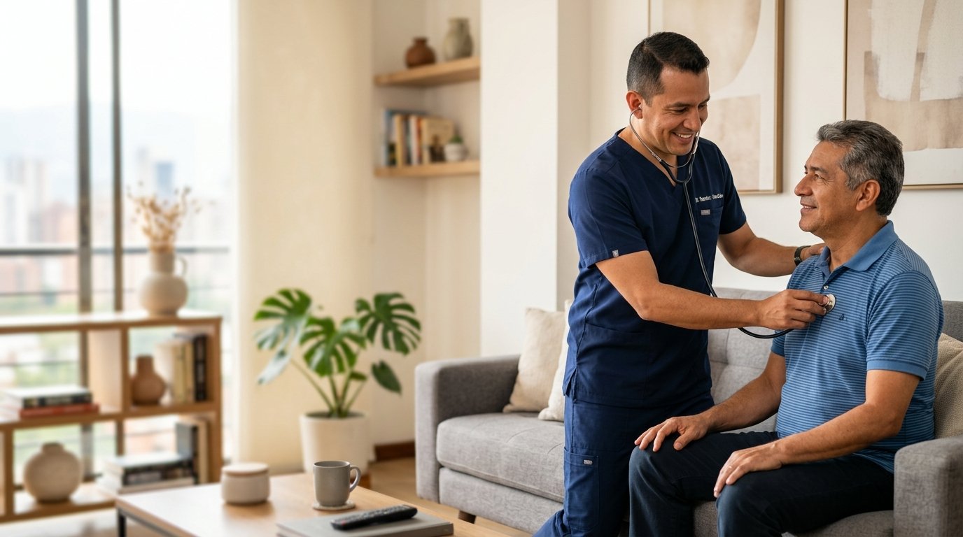 Médico domiciliario examinando a paciente hombre adulto en casa
